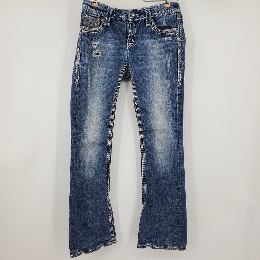 Rock Revival Vivian Bootcut Jeans 29 Medium Wash Distressed Rhinestone McBling